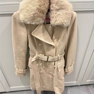 bebe Beige Trench wool Coat with Plush Rabbit Fur Collar